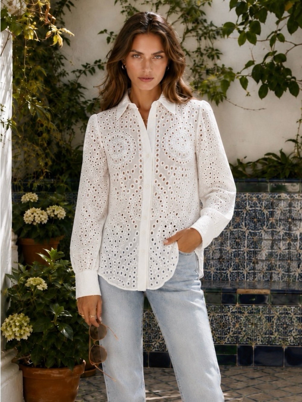 Skies Are Blue White Eyelet Button-Down Shirt